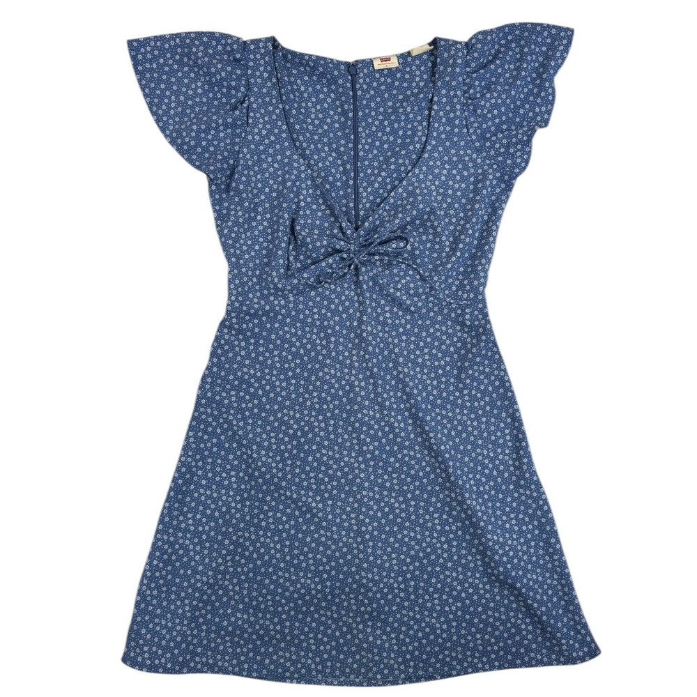 Levi's Floral Mini Sun Dress S Blue Flutter Sleeve Beth Dutton Westerncore 90s - Picture 1 of 9
